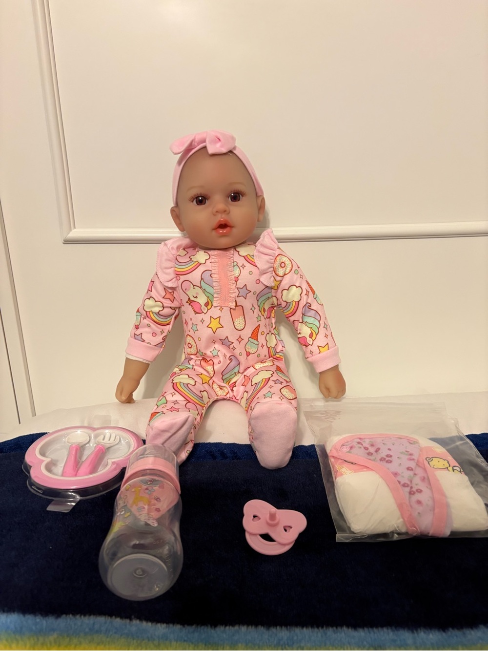 Pink Newborn Play Doll with Headband and Feeding Set